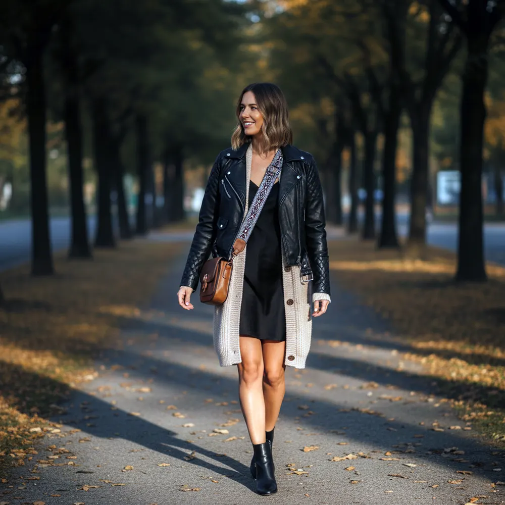 кардиган + сукня + шкіряна куртка